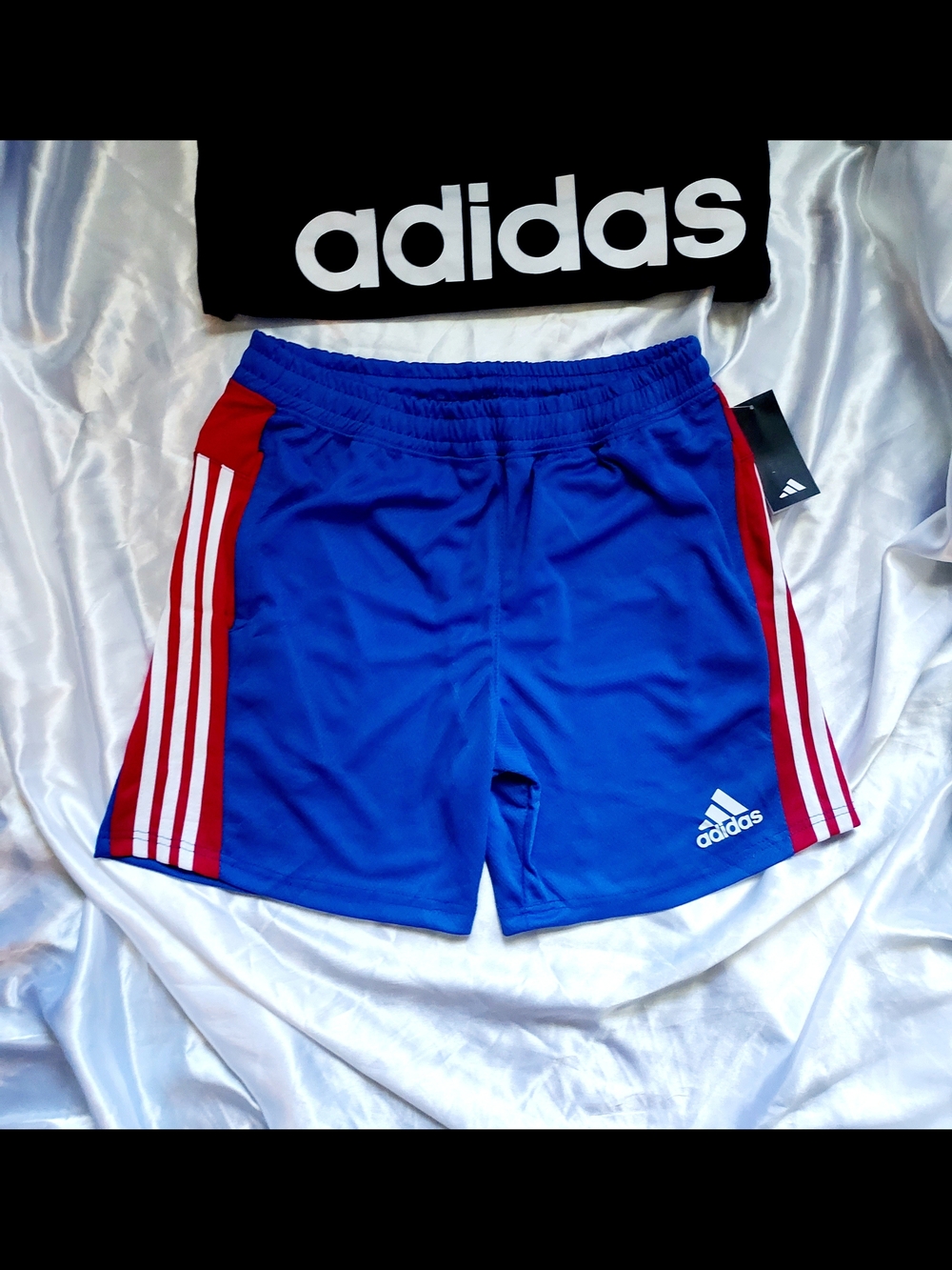 Adidas Men's Blue Athletic Shorts with Red Side Panels